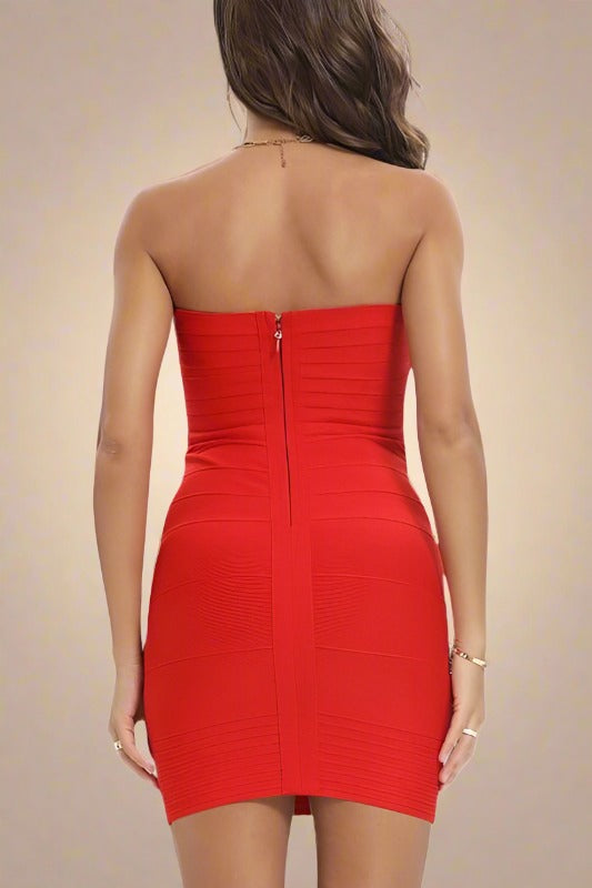 Woman wearing a figure flattering Aaliyah Bandage Mini Dress - Lipstick Red BODYCON COLLECTION