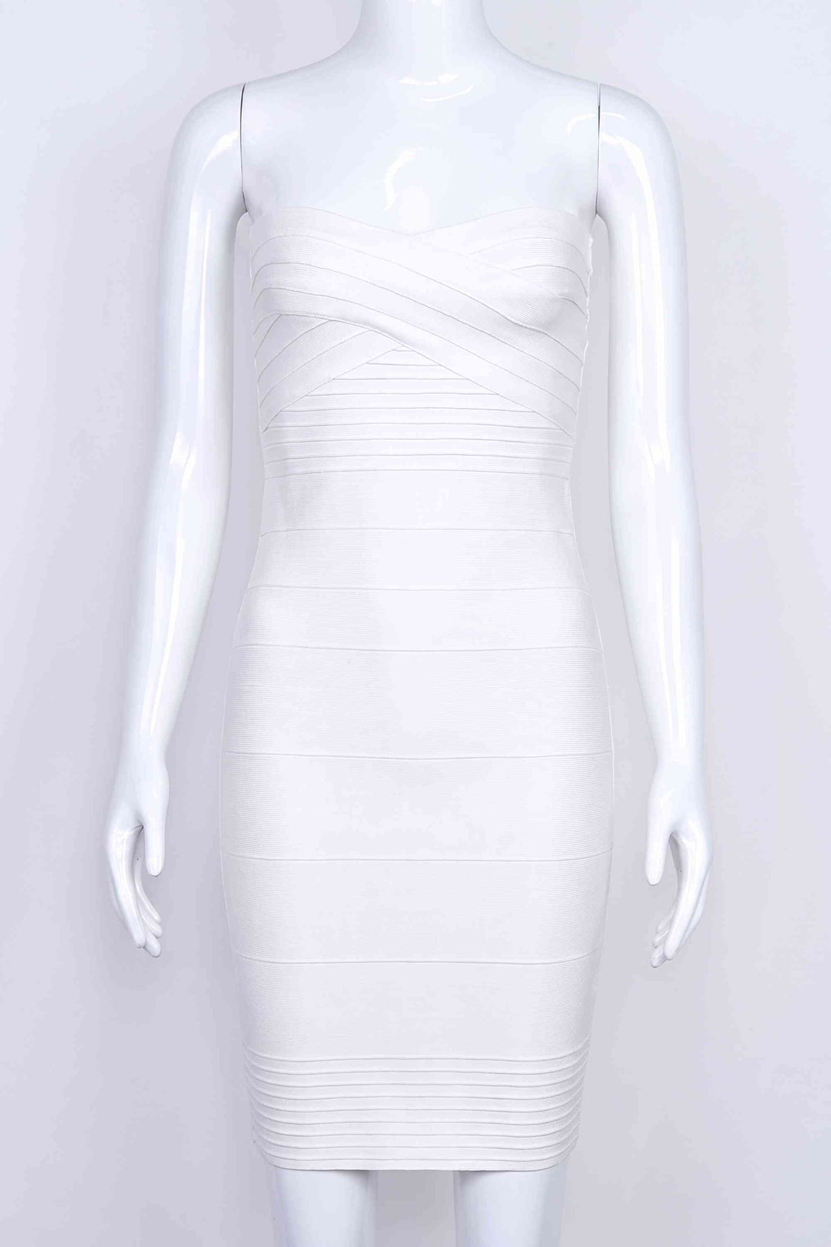 Woman wearing a figure flattering Aaliyah Bandage Mini Dress - White Pearl BODYCON COLLECTION