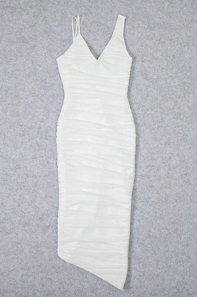 Woman wearing a figure flattering Adele Bodycon Wrap Midi Dress - Pearl White BODYCON COLLECTION