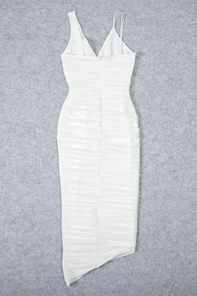 Woman wearing a figure flattering Adele Bodycon Wrap Midi Dress - Pearl White BODYCON COLLECTION