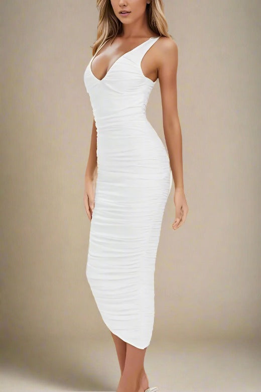 Woman wearing a figure flattering Adele Bodycon Wrap Midi Dress - Pearl White BODYCON COLLECTION