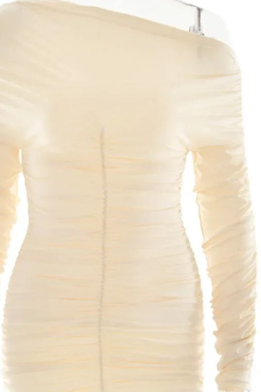 Woman wearing a figure flattering Alessandra Long Sleeve Wrap Bodycon Mini Dress - Cream BODYCON COLLECTION