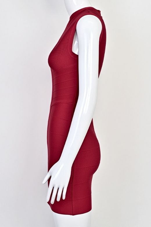 Woman wearing a figure flattering Alora Bandage Mini Dress - Red Wine BODYCON COLLECTION Pty Ltd