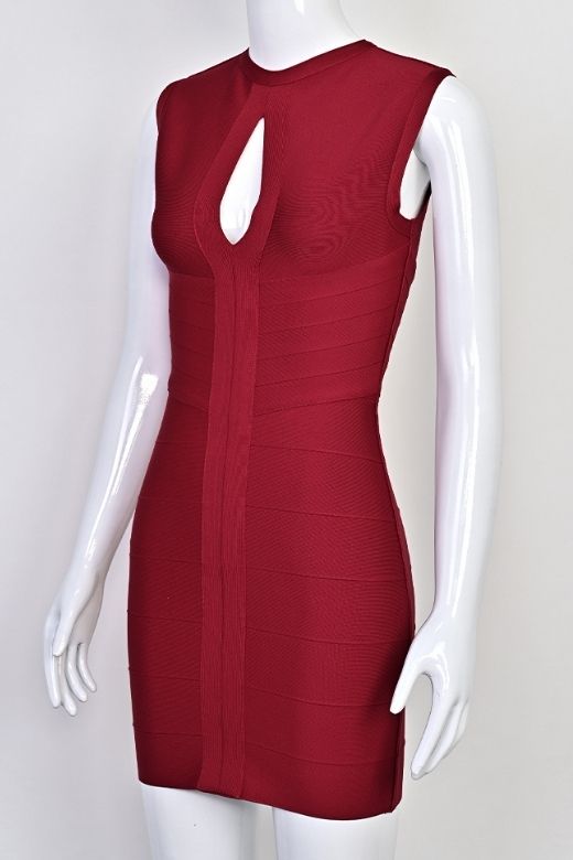 Woman wearing a figure flattering Alora Bandage Mini Dress - Red Wine BODYCON COLLECTION Pty Ltd