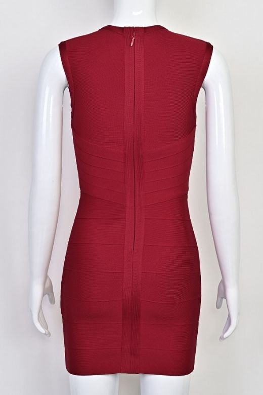Woman wearing a figure flattering Alora Bandage Mini Dress - Red Wine BODYCON COLLECTION Pty Ltd