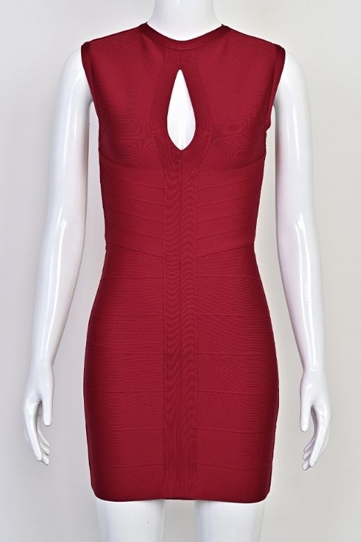 Woman wearing a figure flattering Alora Bandage Mini Dress - Red Wine BODYCON COLLECTION Pty Ltd
