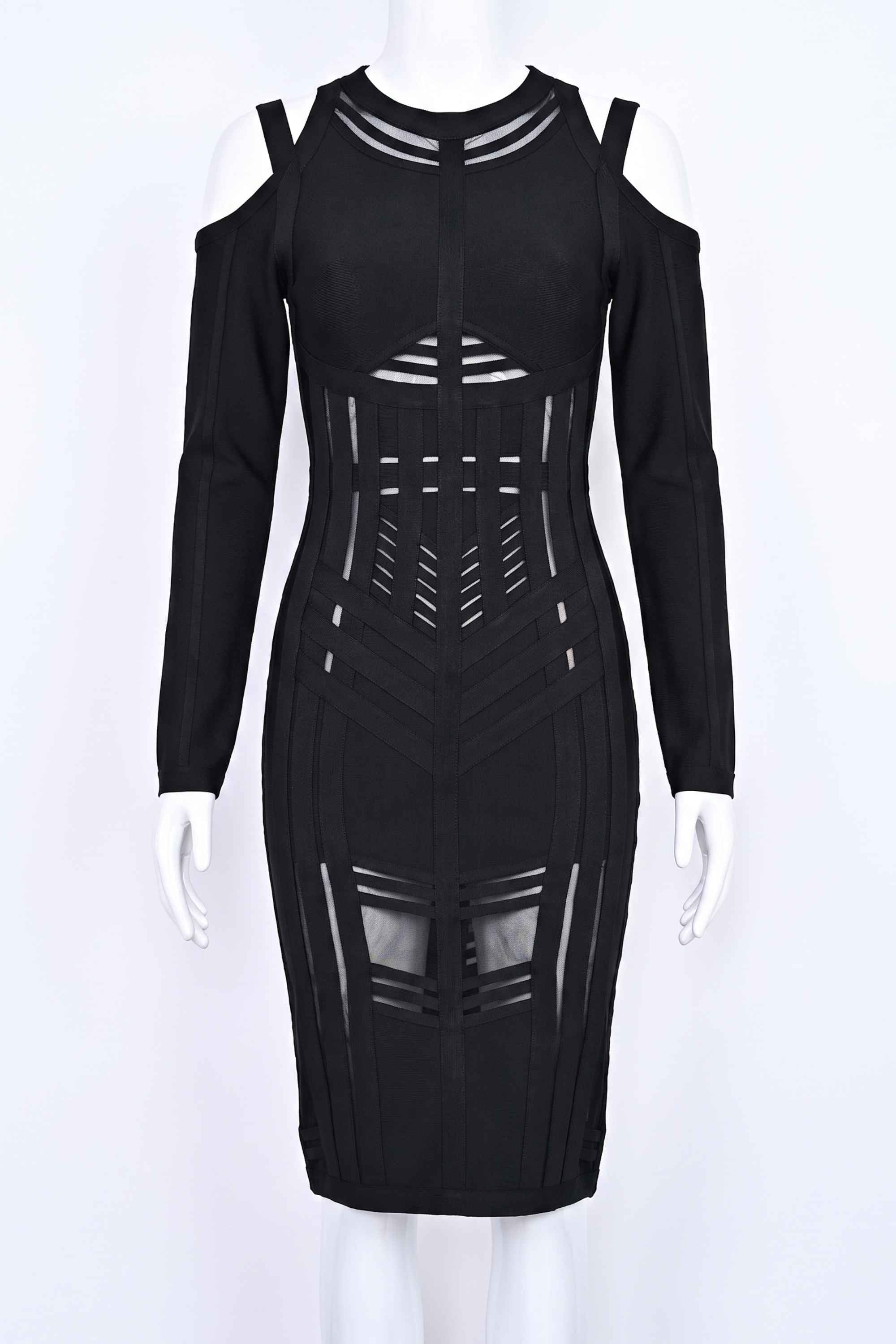 Woman wearing a figure flattering Amelia Long Sleeve Bandage Dress - Classic Black BODYCON COLLECTION