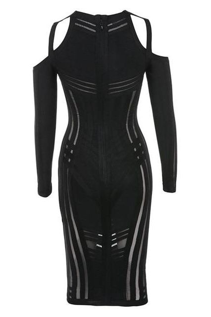 Woman wearing a figure flattering Amelia Long Sleeve Bandage Dress - Classic Black BODYCON COLLECTION