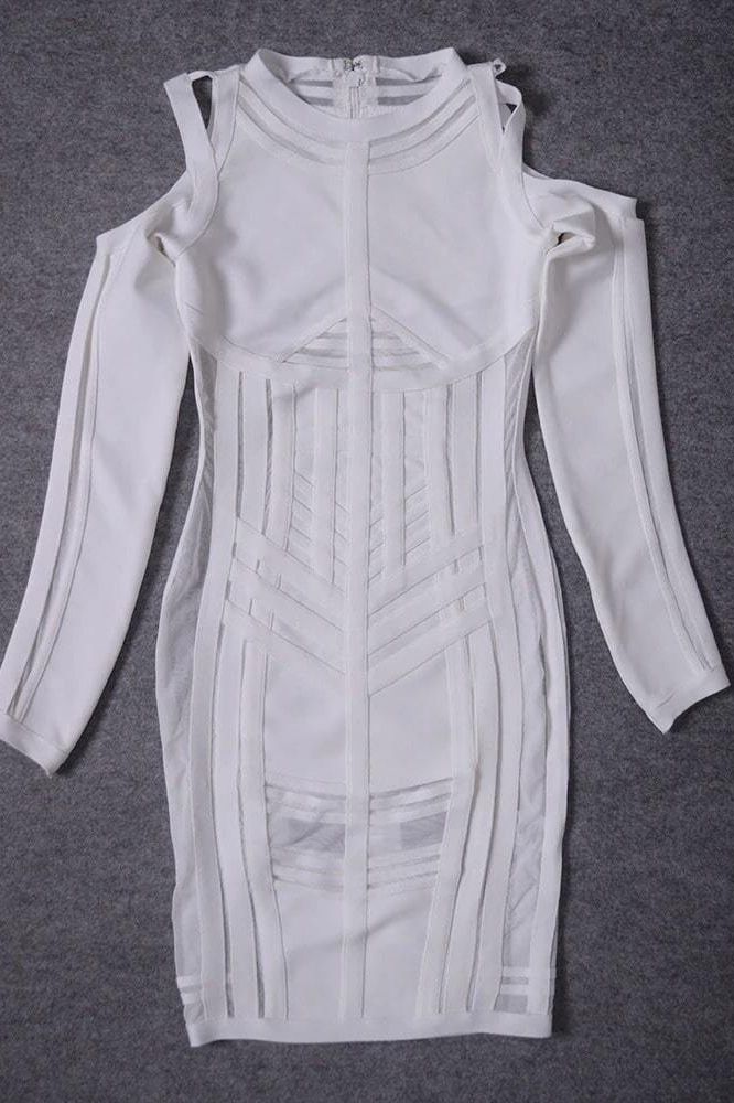 Woman wearing a figure flattering Amelia Long Sleeve Bandage Dress - Pearl White BODYCON COLLECTION