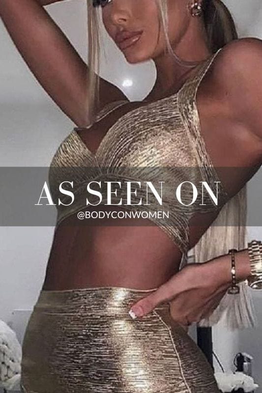 Woman wearing a figure flattering Ang Bandage Top and Mini Skirt Set - Metallic Pink BODYCON COLLECTION