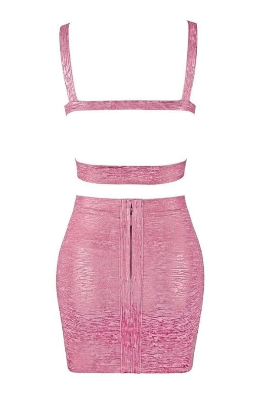 Woman wearing a figure flattering Ang Bandage Top and Mini Skirt Set - Metallic Pink BODYCON COLLECTION