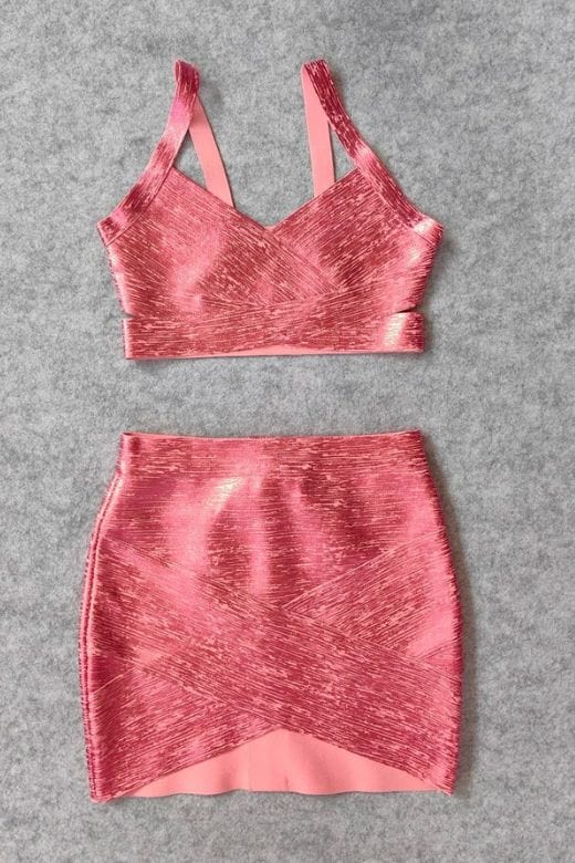 Woman wearing a figure flattering Ang Bandage Top and Mini Skirt Set - Metallic Pink BODYCON COLLECTION