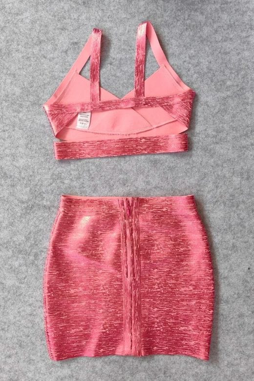 Woman wearing a figure flattering Ang Bandage Top and Mini Skirt Set - Metallic Pink BODYCON COLLECTION