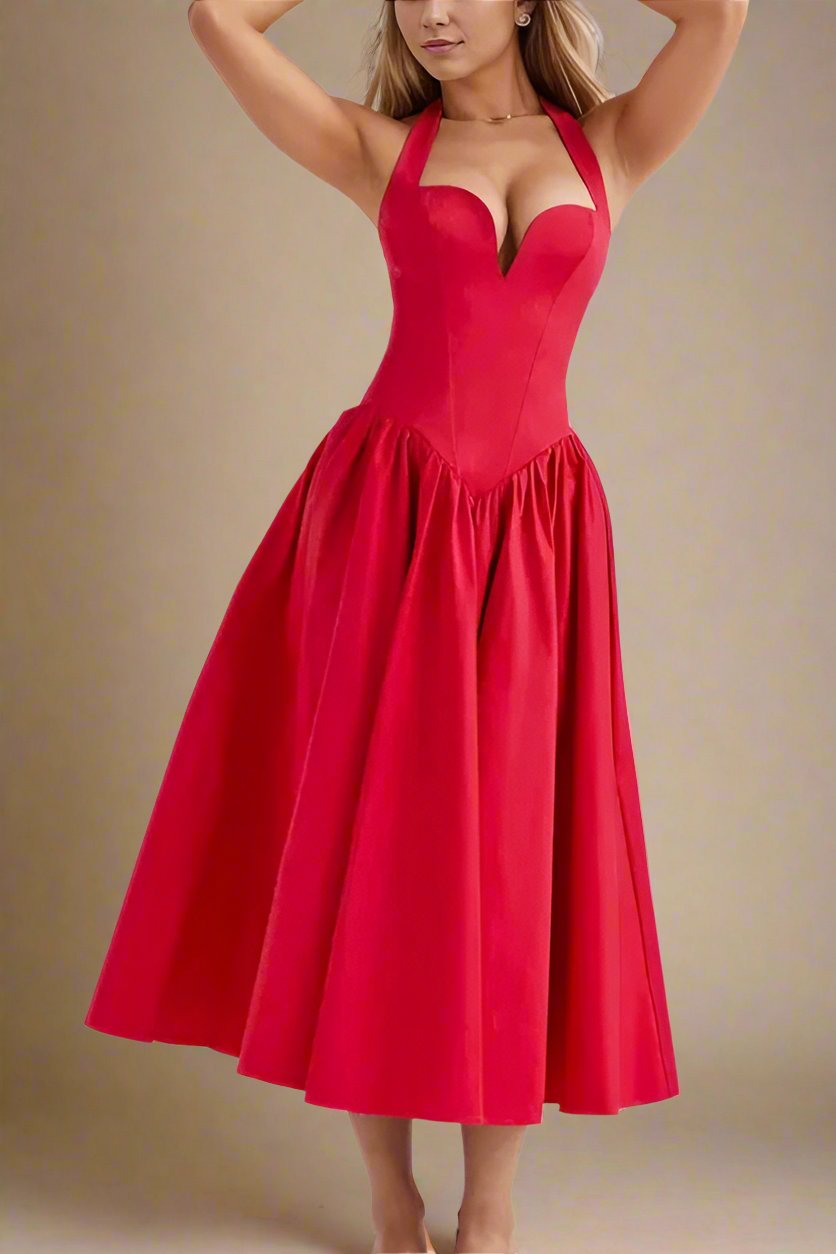 Woman wearing a figure flattering Anita Bodycon Midi Dress - Lipstick Red BODYCON COLLECTION