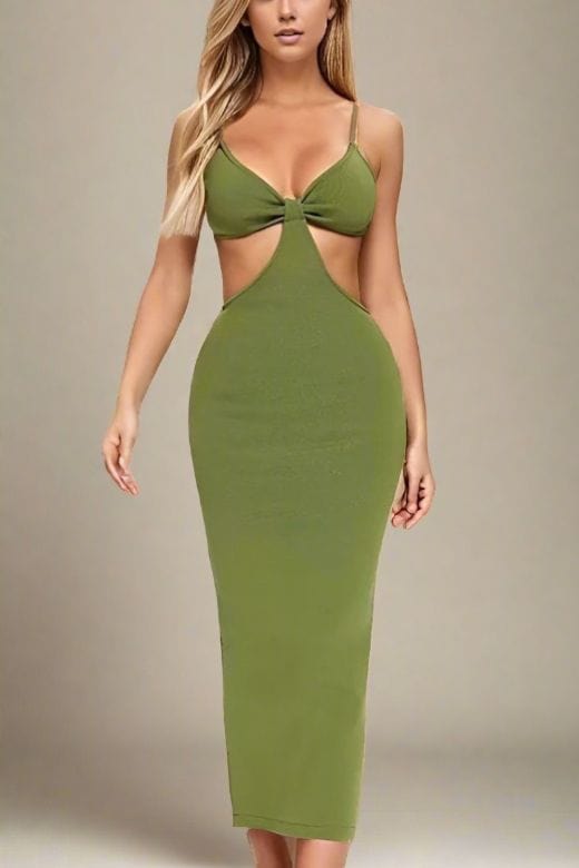 Woman wearing a figure flattering  Aria Bodycon Day Maxi Dress - Emerald Green BODYCON COLLECTION