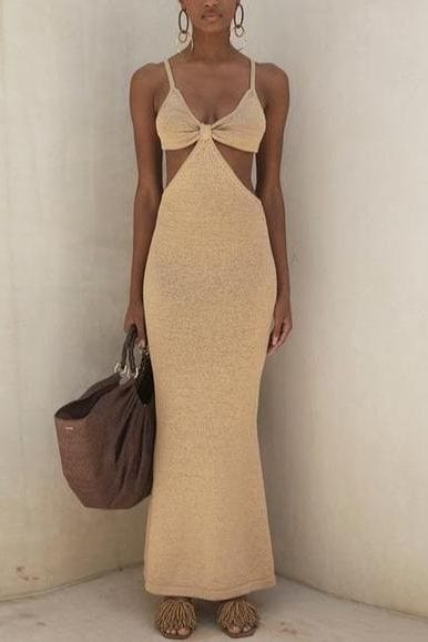 Woman wearing a figure flattering  Aria Bodycon Day Maxi Dress - Tan Brown BODYCON COLLECTION