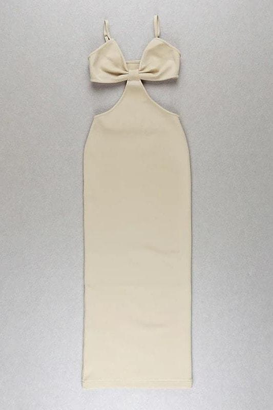 Woman wearing a figure flattering  Aria Bodycon Day Maxi Dress - Tan Brown BODYCON COLLECTION