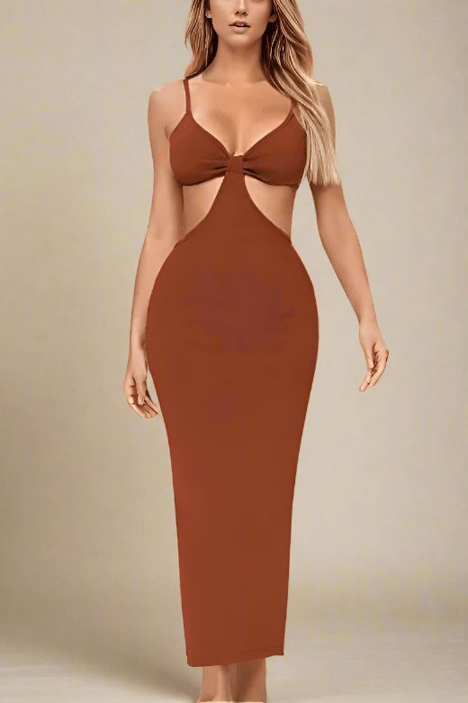 Woman wearing a figure flattering  Aria Bodycon Day Maxi Dress - Tan Brown BODYCON COLLECTION