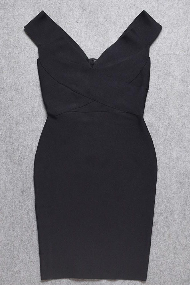 Woman wearing a figure flattering Ash Bandage Dress - Classic Black Bodycon Collection