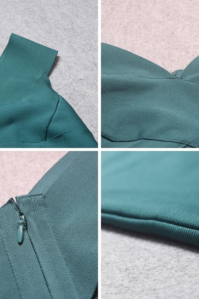 Woman wearing a figure flattering Ash Bandage Dress - Emerald Green Bodycon Collection