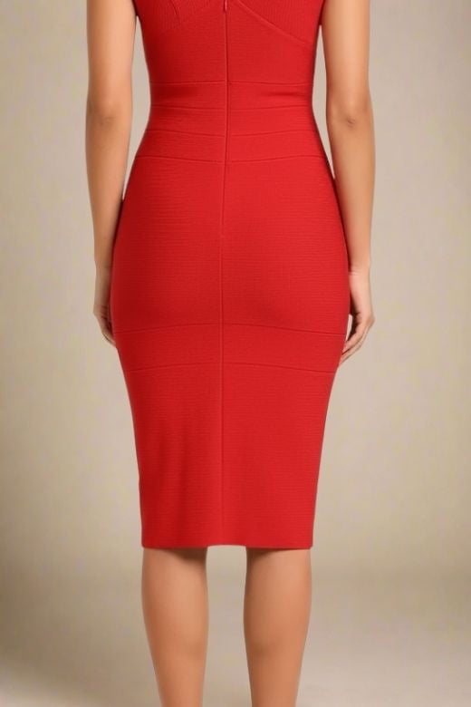 Woman wearing a figure flattering Ash Bandage Dress - Lipstick Red Bodycon Collection