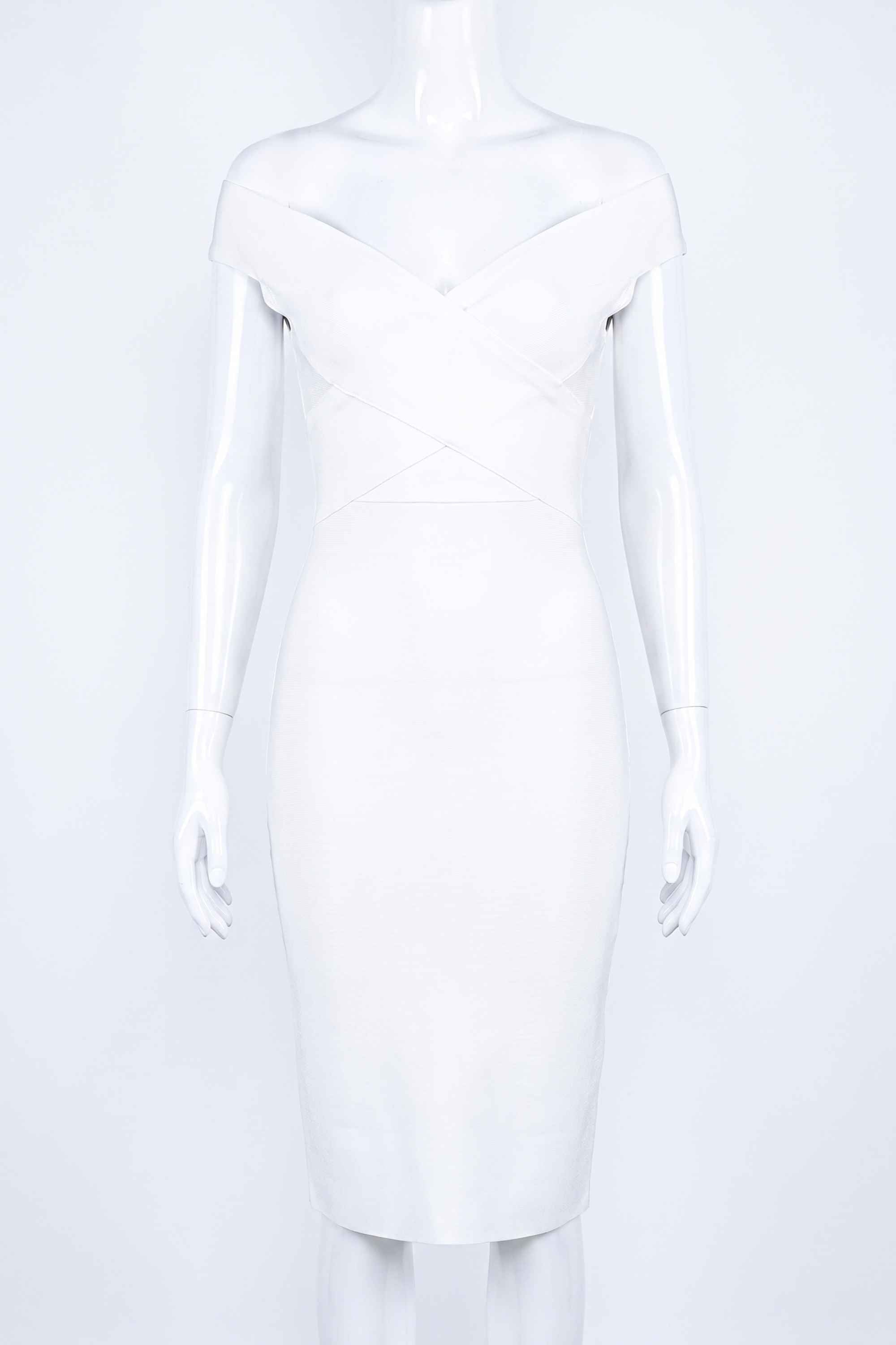 Woman wearing a figure flattering Ash Bandage Dress - Pearl White Bodycon Collection