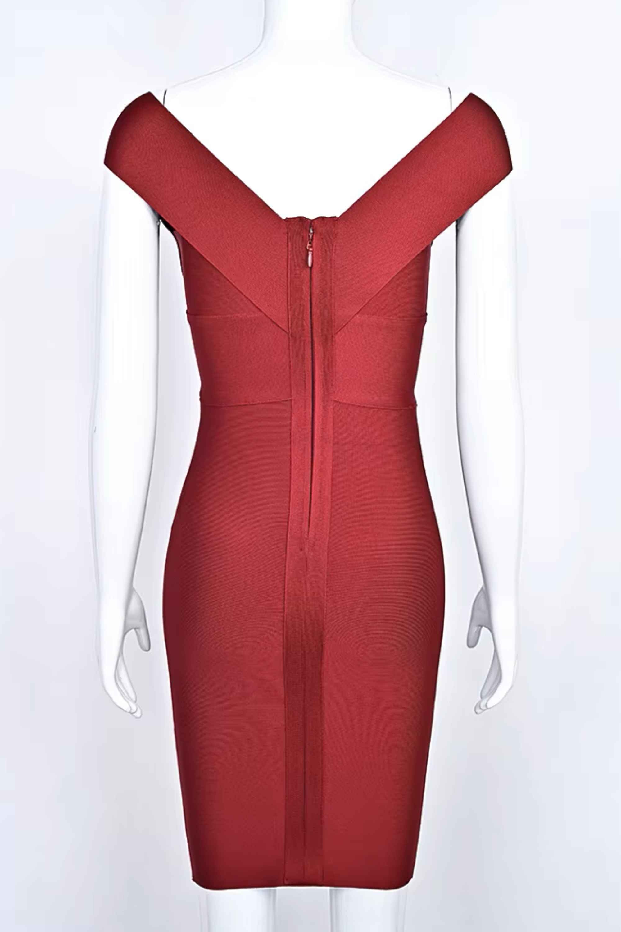 Woman wearing a figure flattering Ash Bandage Dress - Red Wine Bodycon Collection
