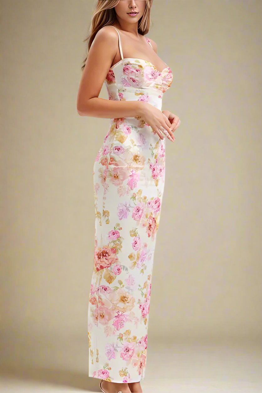 Woman wearing a figure flattering Astrid Bodycon Maxi Dress - Pearl White BODYCON COLLECTION