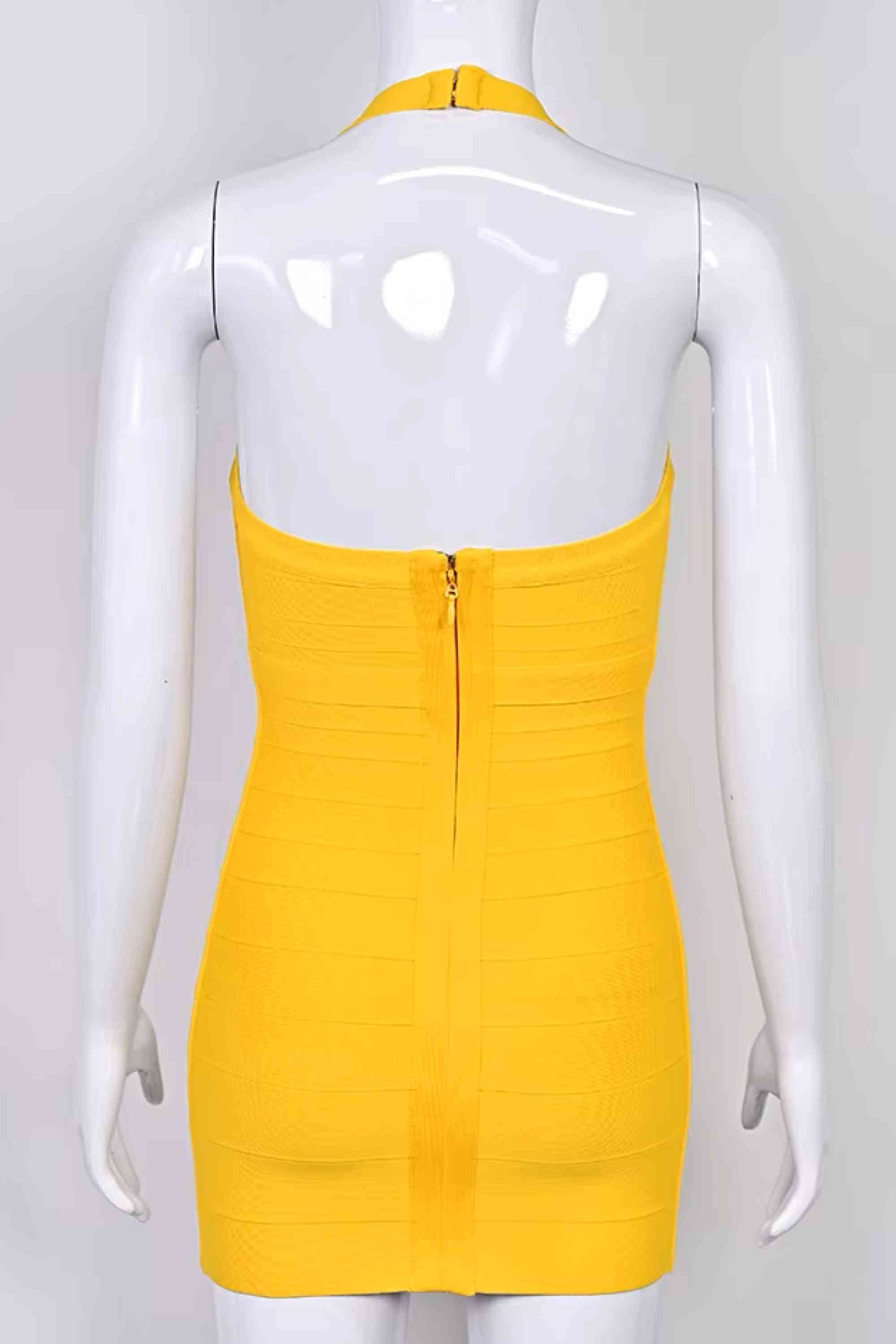 Woman wearing a figure flattering Athena Bandage Mini Dress - Mustard Yellow BODYCON COLLECTION Pty Ltd