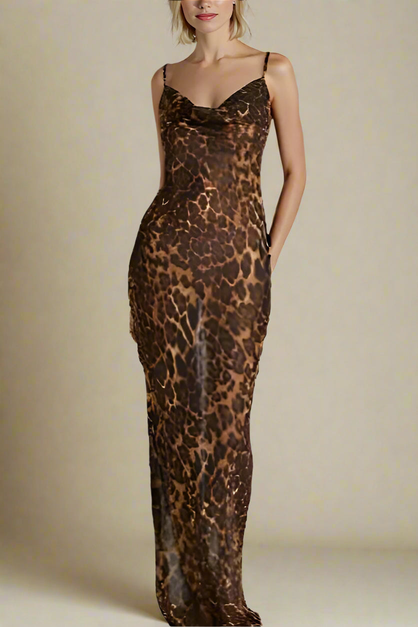 Woman wearing a figure flattering Athena Bodycon Maxi Dress - Leopard Print Yellow BODYCON COLLECTION
