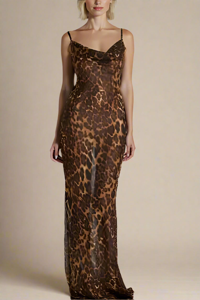 Woman wearing a figure flattering Athena Bodycon Maxi Dress - Leopard Print Yellow BODYCON COLLECTION