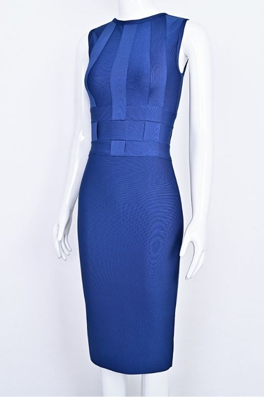 Woman wearing a figure flattering Aurora Bandage Dress - Navy Blue BODYCON COLLECTION Pty Ltd