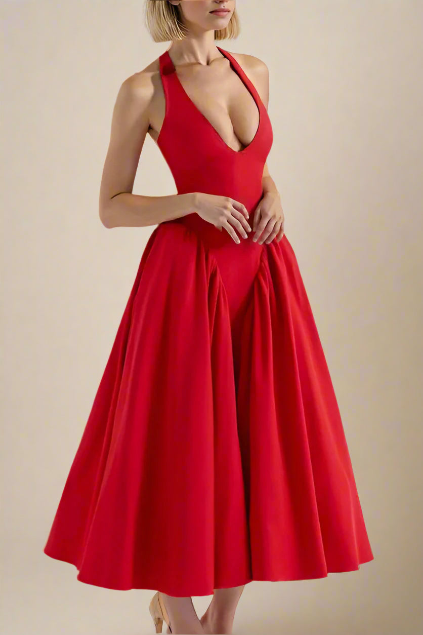 Woman wearing a figure flattering  Austen Bodycon Midi Dress - Chilli Red BODYCON COLLECTION