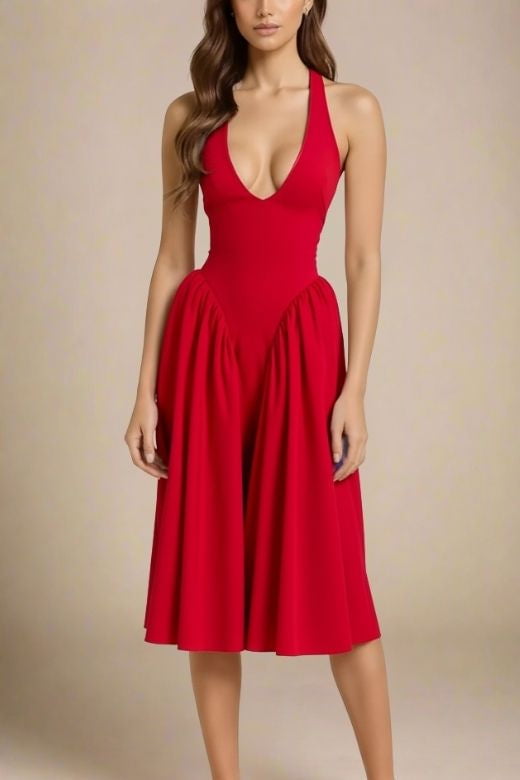 Woman wearing a figure flattering Austen Bodycon Midi Dress - Chilli Red BODYCON COLLECTION