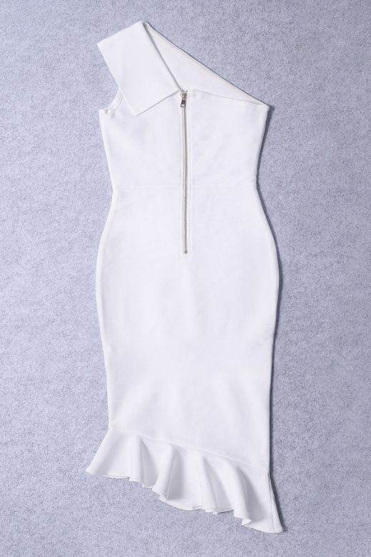 Woman wearing a figure flattering Avery Bandage Dress - White Pearl BODYCON COLLECTION