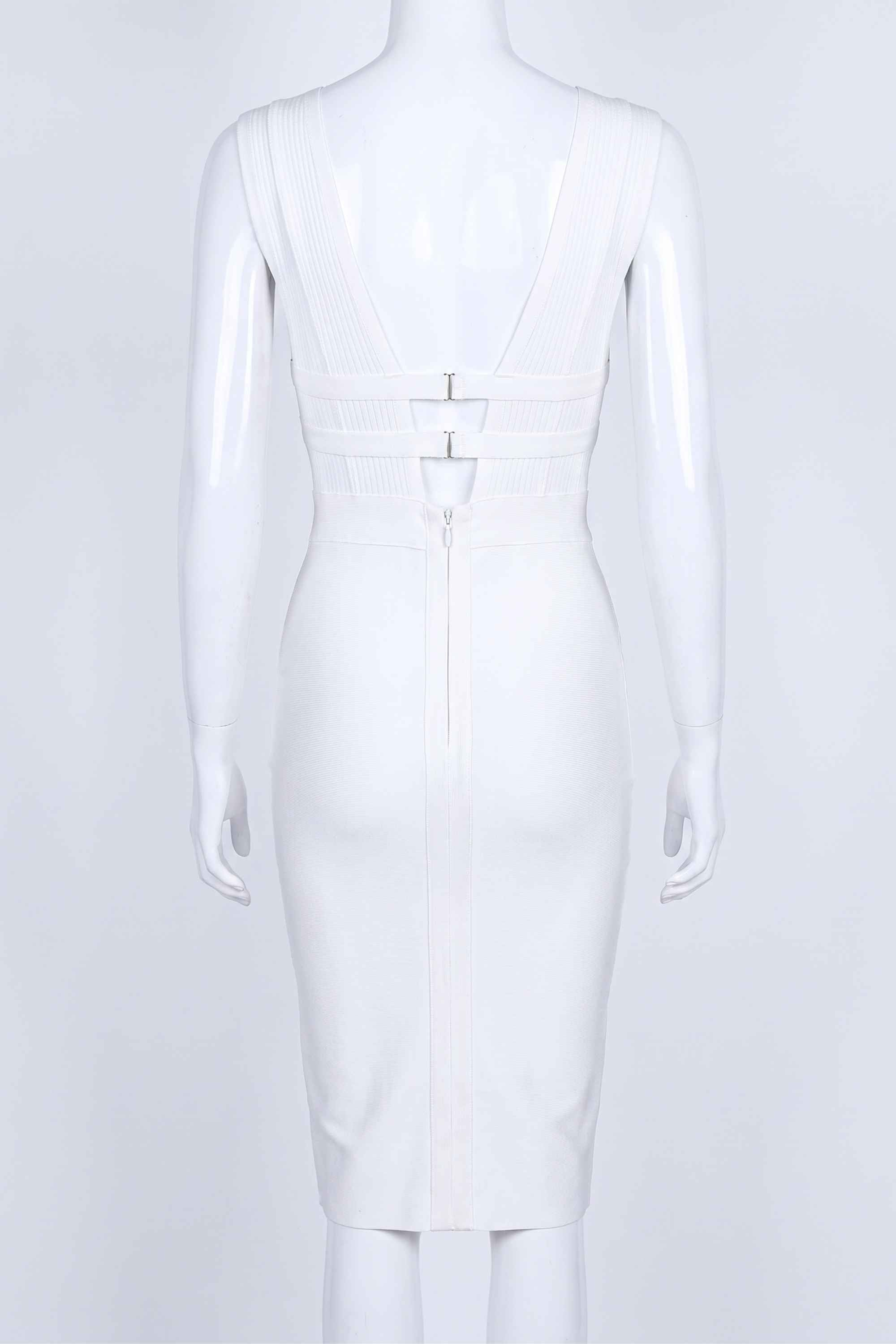 Woman wearing a figure flattering Bay Bandage Dress - Pearl White Bodycon Collection