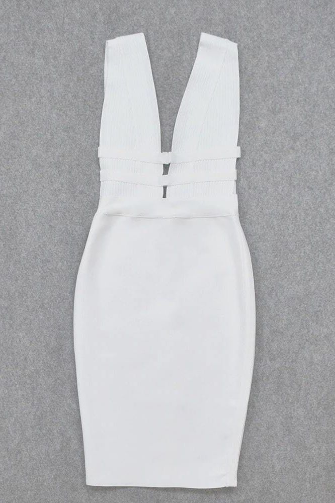 Woman wearing a figure flattering Bay Bandage Dress - Pearl White Bodycon Collection