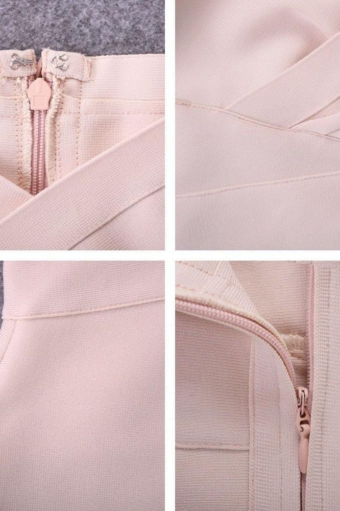 Woman wearing a figure flattering Bea Bandage Dress - Nude Bodycon Collection