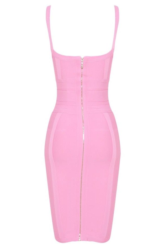 Woman wearing a figure flattering Bek Bandage Dress - Blush Pink Bodycon Collection