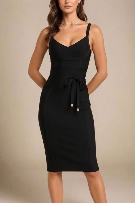 Woman wearing a figure flattering Bek Bandage Dress - Classic Black Bodycon Collection