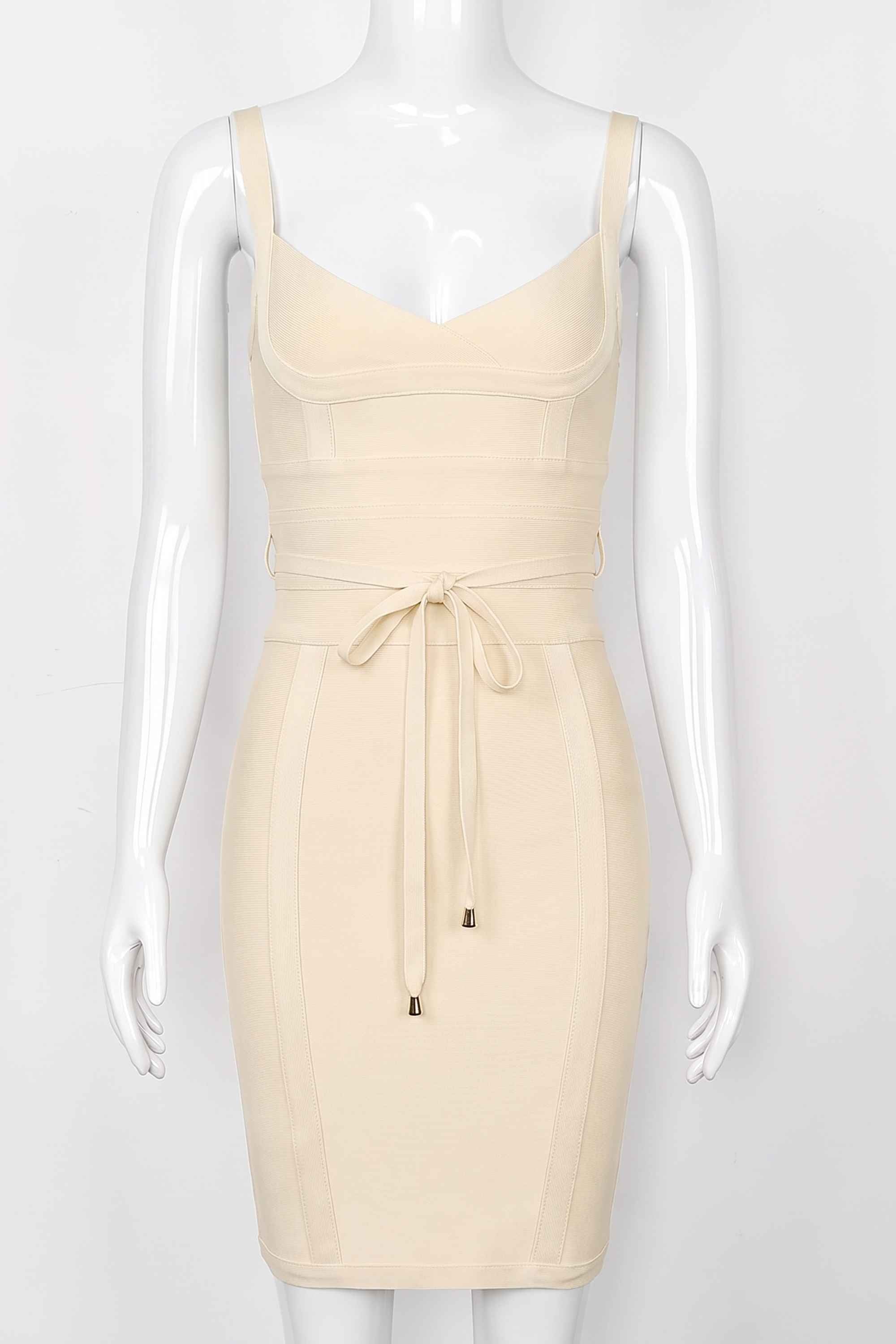 Woman wearing a figure flattering Bek Bandage Dress - Cream Bodycon Collection