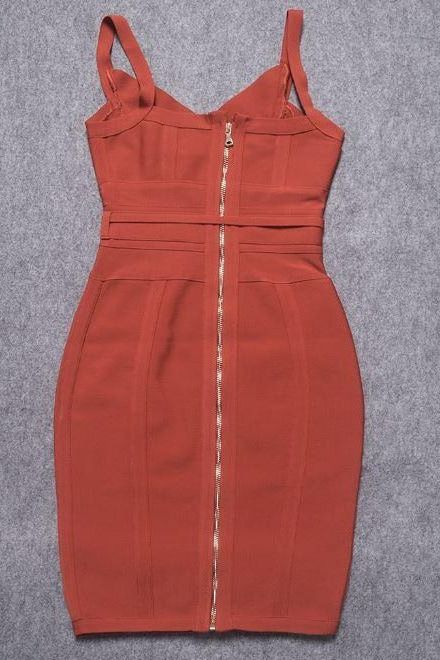 Woman wearing a figure flattering Bek Bandage Dress - Deep Tan Brown Bodycon Collection