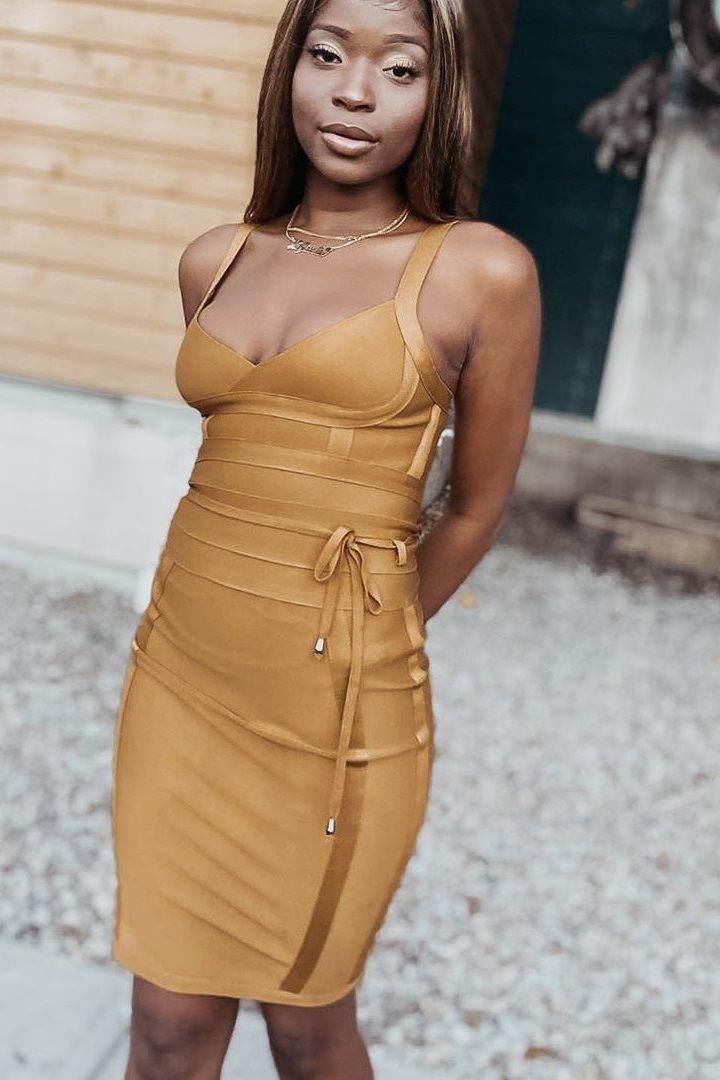 Woman wearing a figure flattering Bek Bandage Dress - Deep Tan Brown Bodycon Collection