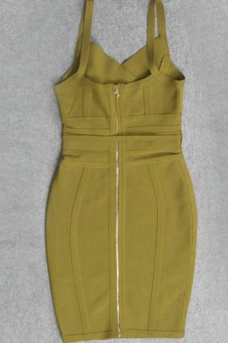 Woman wearing a figure flattering Bek Bandage Dress - Olive Green Bodycon Collection