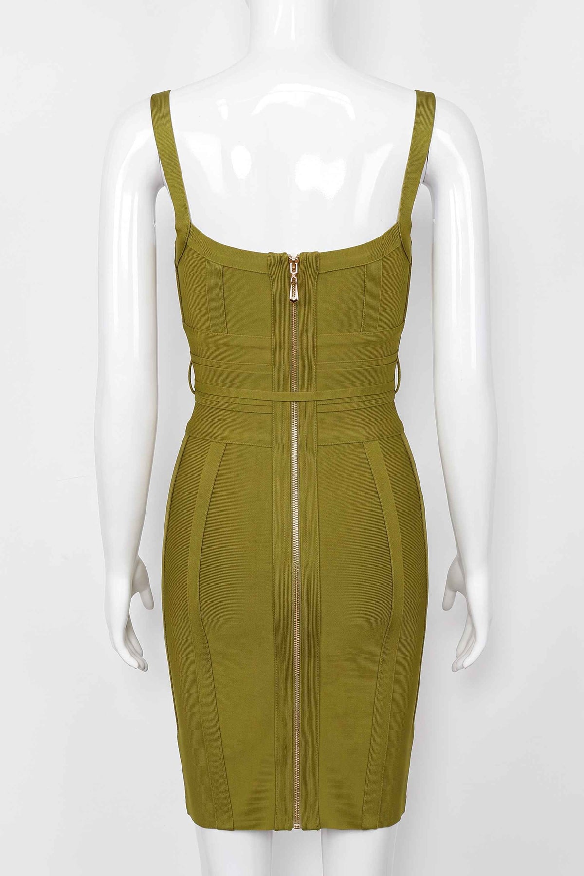 Woman wearing a figure flattering Bek Bandage Dress - Olive Green Bodycon Collection