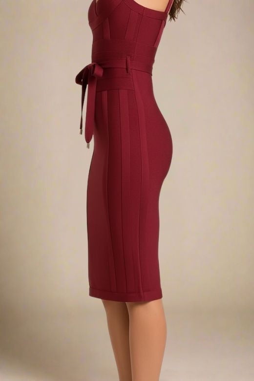 Woman wearing a figure flattering Bek Bandage Dress - Red Wine Bodycon Collection