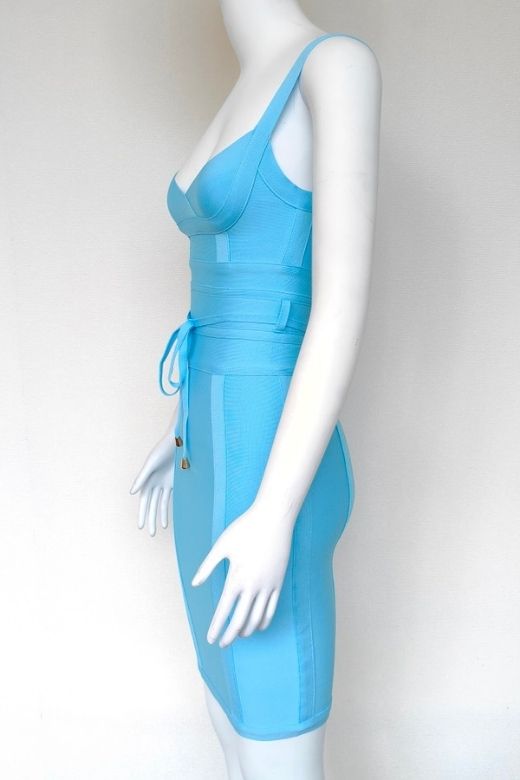 Woman wearing a figure flattering Bek Bandage Dress - Sky Blue Bodycon Collection