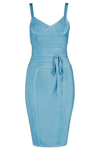 Woman wearing a figure flattering  Bek Bandage Dress - Sky Blue Bodycon Collection