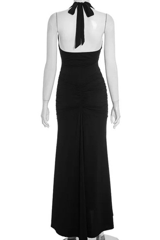 Woman wearing a figure flattering Bella Bodycon Wrap Maxi Dress - Classic Black BODYCON COLLECTION Pty Ltd