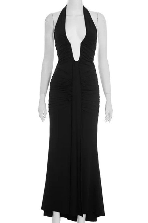 Woman wearing a figure flattering Bella Bodycon Wrap Maxi Dress - Classic Black BODYCON COLLECTION Pty Ltd